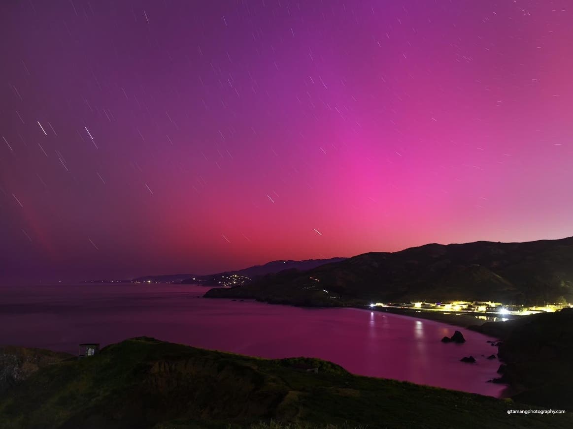 Northern Lights, or the aurora borealis, photographed from the Marin headlands.