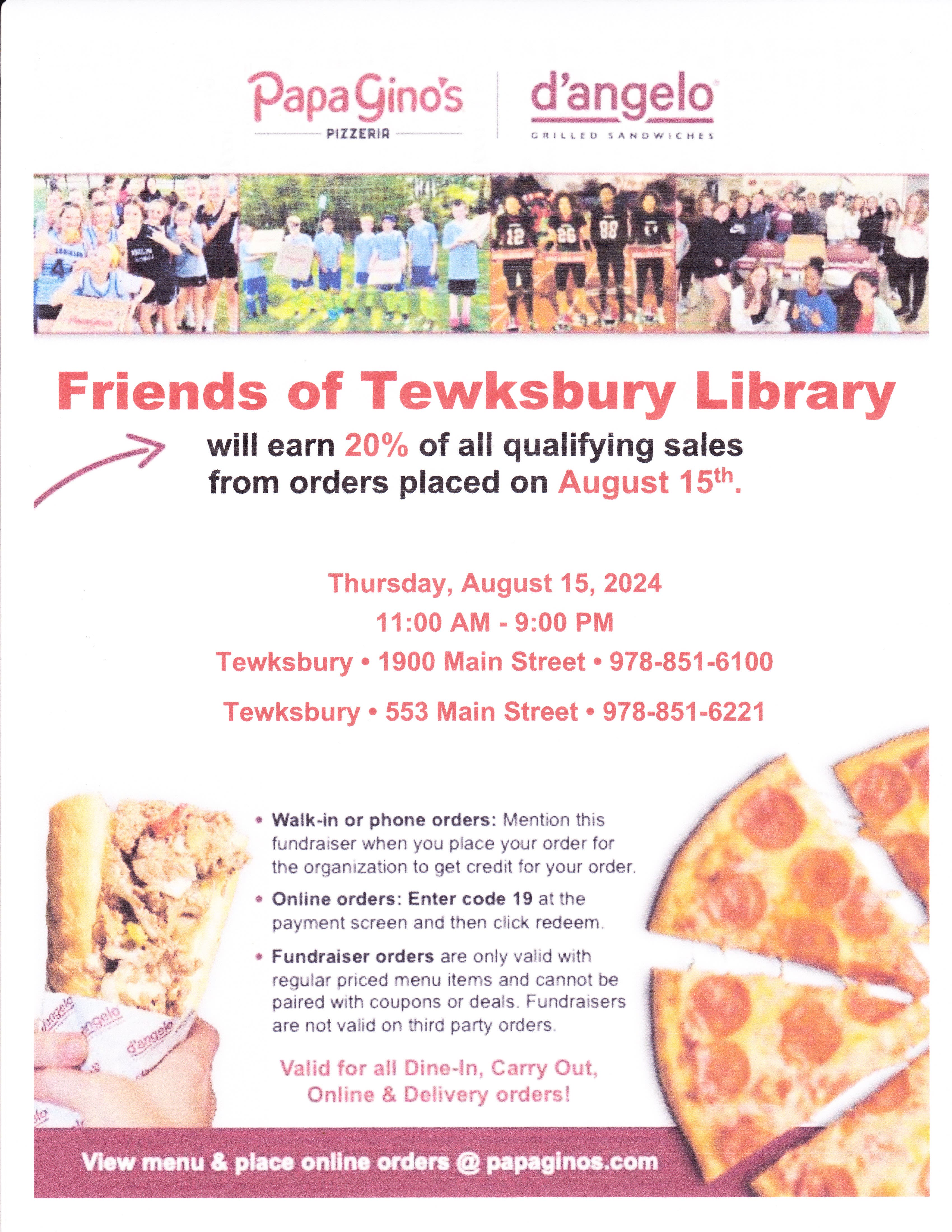 Friends of Tewksbury Library Papa Gino's Dine-Out