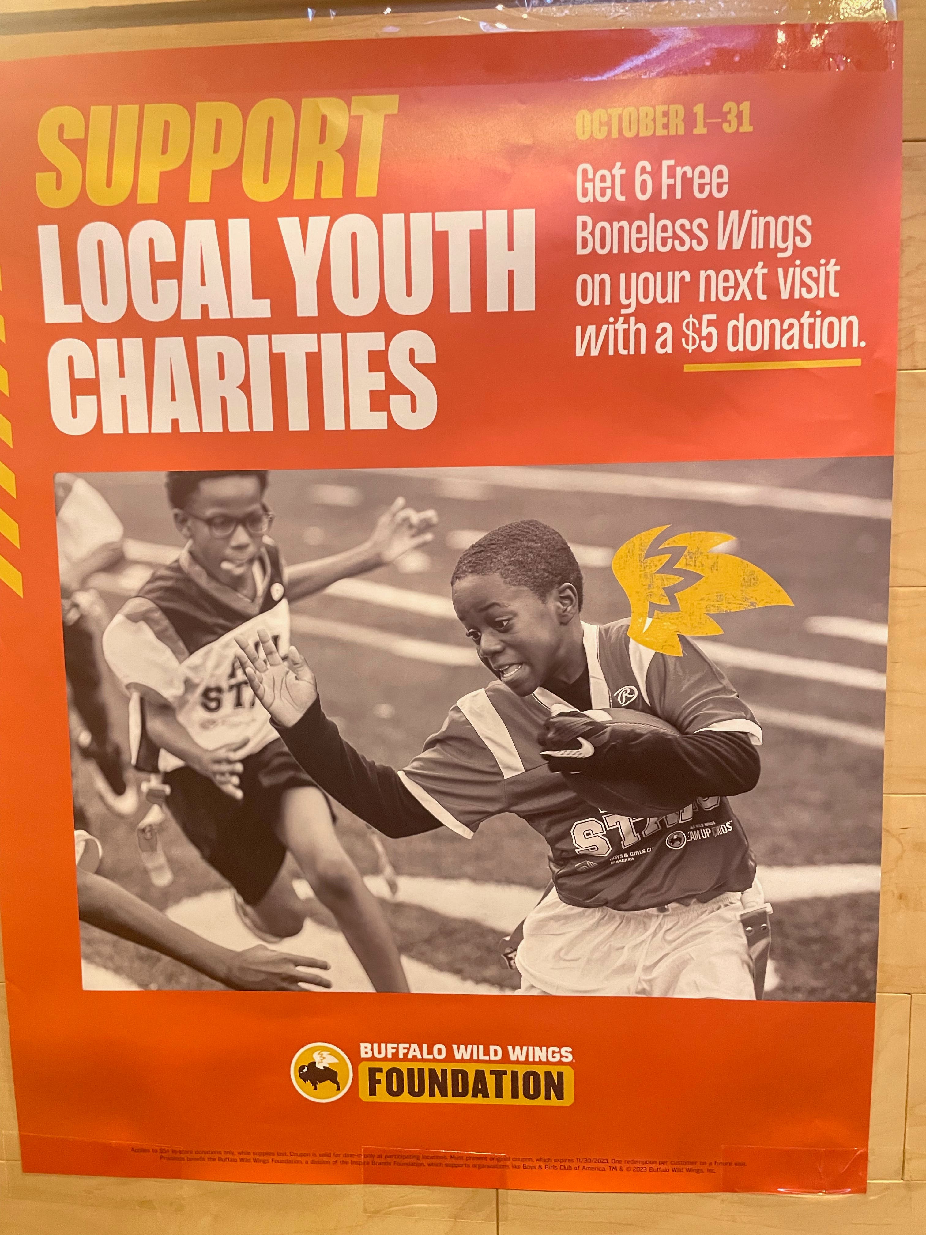 Team Up For Kids Donation / 6 Free Boneless Coupon @ Buffalo Wild Wings