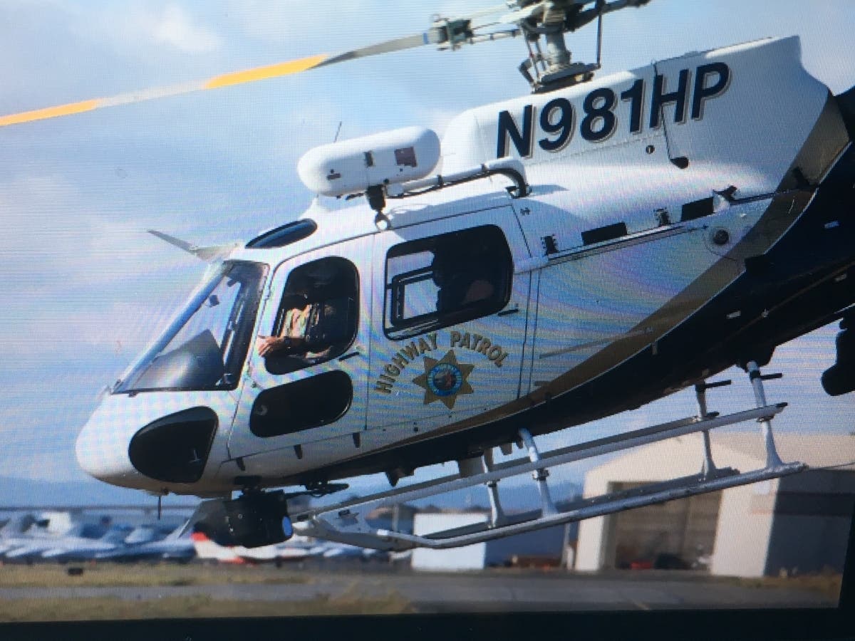 A California Highway Patrol helicopter like the one pictured landed Friday on Interstate 80 in Contra Costa County to transport an injured person to a hospital.