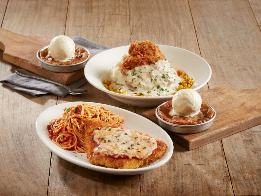 The $13 meal includes a main entree, such as Italian Chicken Parmigiana Pasta, a Classic Cheeseburger or Southern Fried Chicken, and a pizookie.