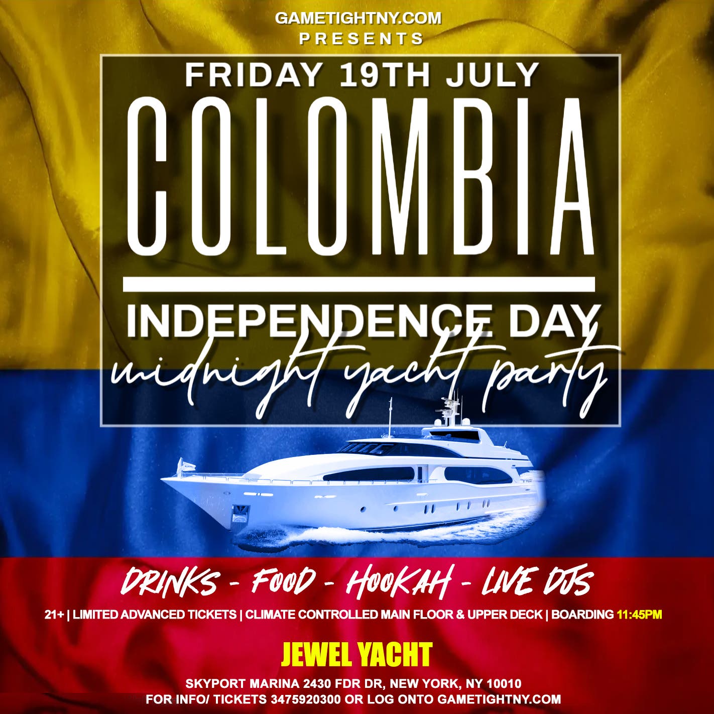 NYC Colombian Independence Day Midnight Jewel Yacht Party Cruise 2024