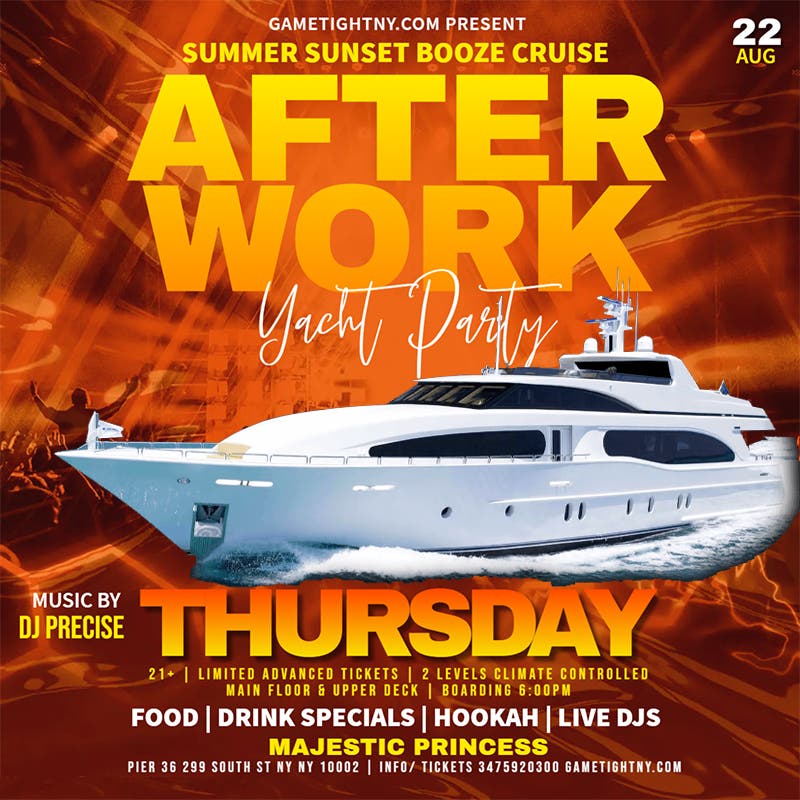 Afterwork Summer Sunset NYC Majestic Yacht Party Booze Cruise Pier 36