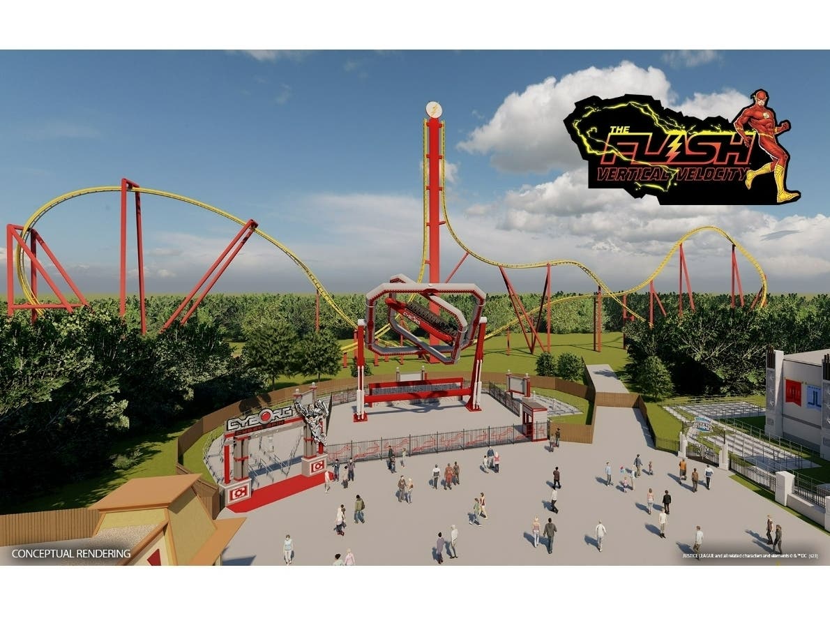 An artist's rendering shows The Flash: Vertical Velocity roller coaster that is slated to open in 2024.