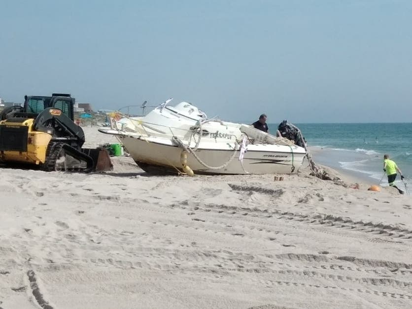 Toms River police say a boat wound up anchored on the beach in Ortley Beach after the owner ran aground after getting lost in the fog. 