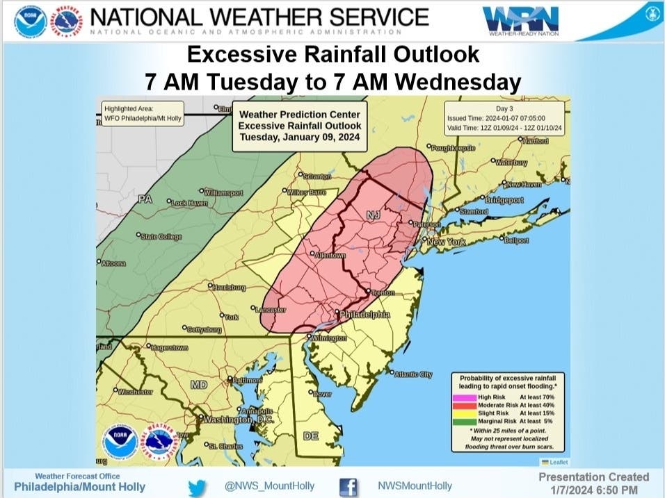 A map of the excessive rainfall outlook for New Jersey.