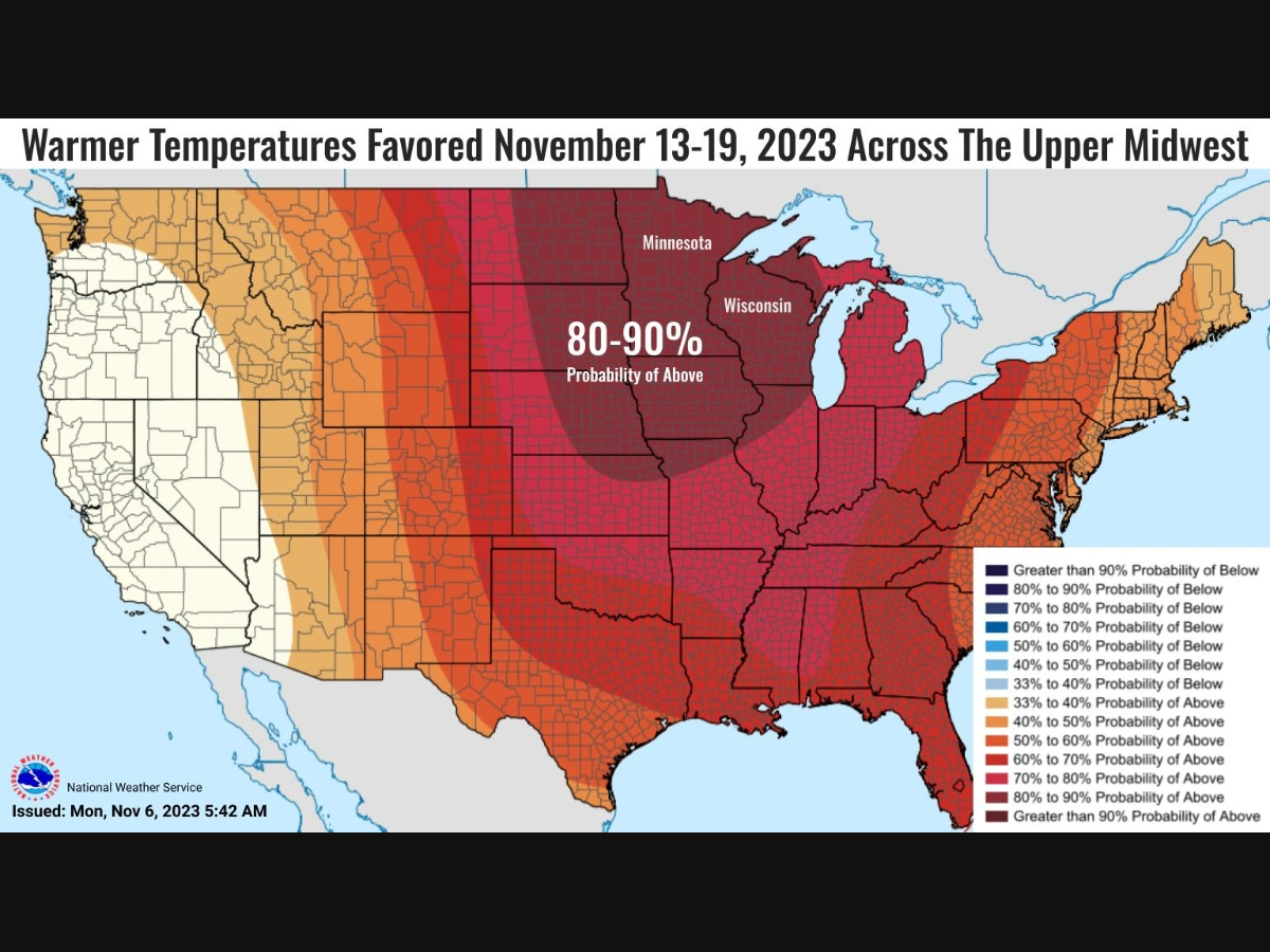 "Warmer than normal temperatures are favored for mid-November across the Upper Midwest," the NWS said.