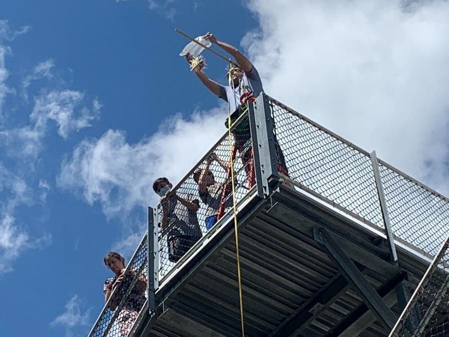 The T/E Egg Drop Team drops their egg at Conestoga Football Stadium in 2022.