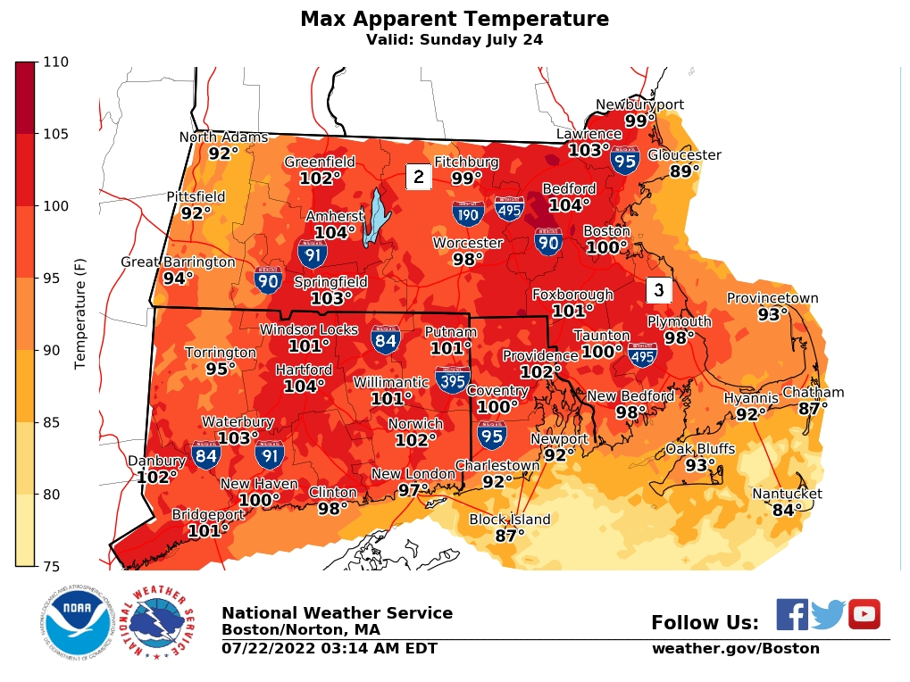 A map showing what temperatures will feel like on Sunday across Massachusetts.