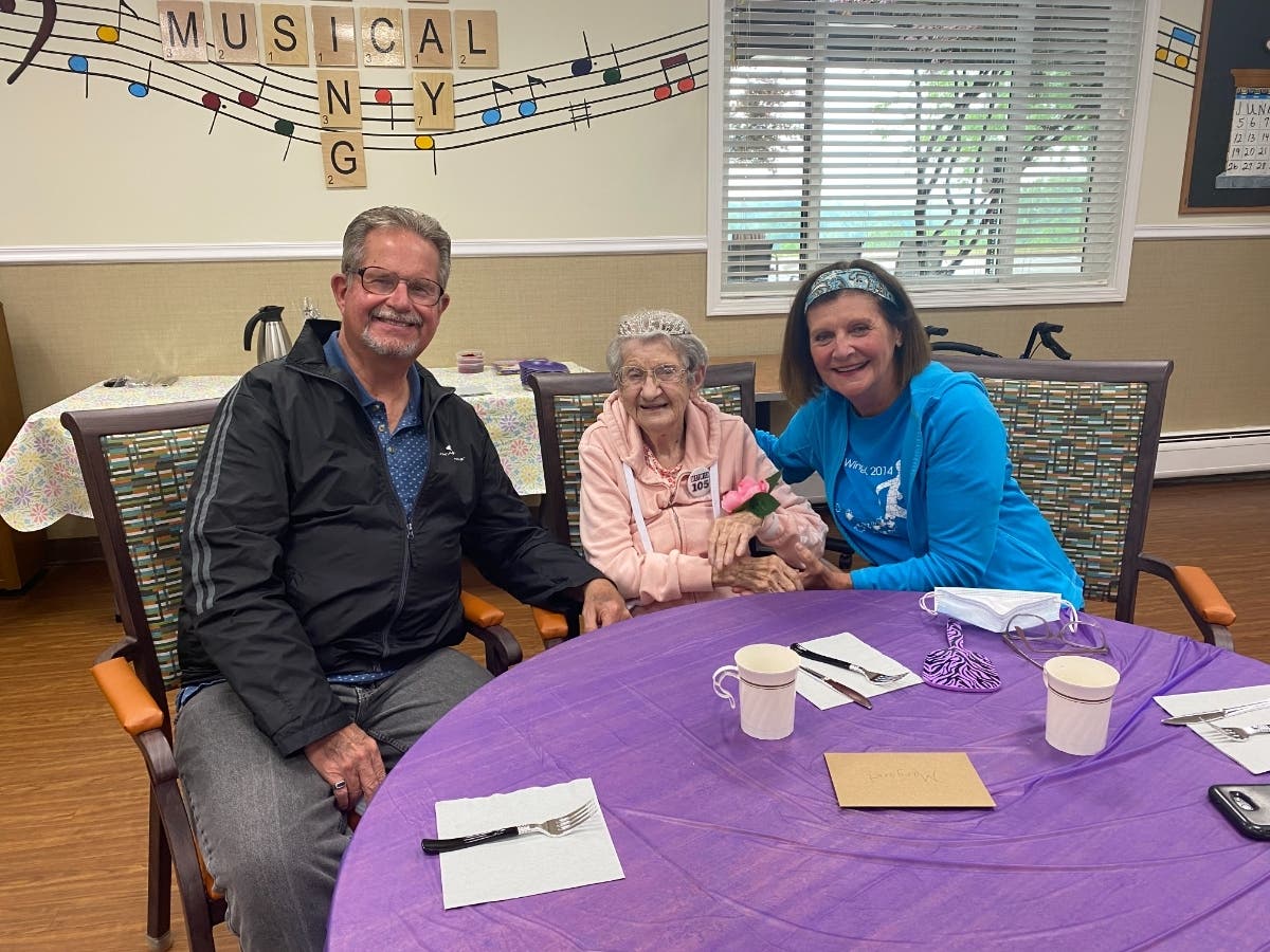 Alvernia Manor resident Margaret Soich celebrates 105th birthday with daughter, Peggy, and son in-law Allen.