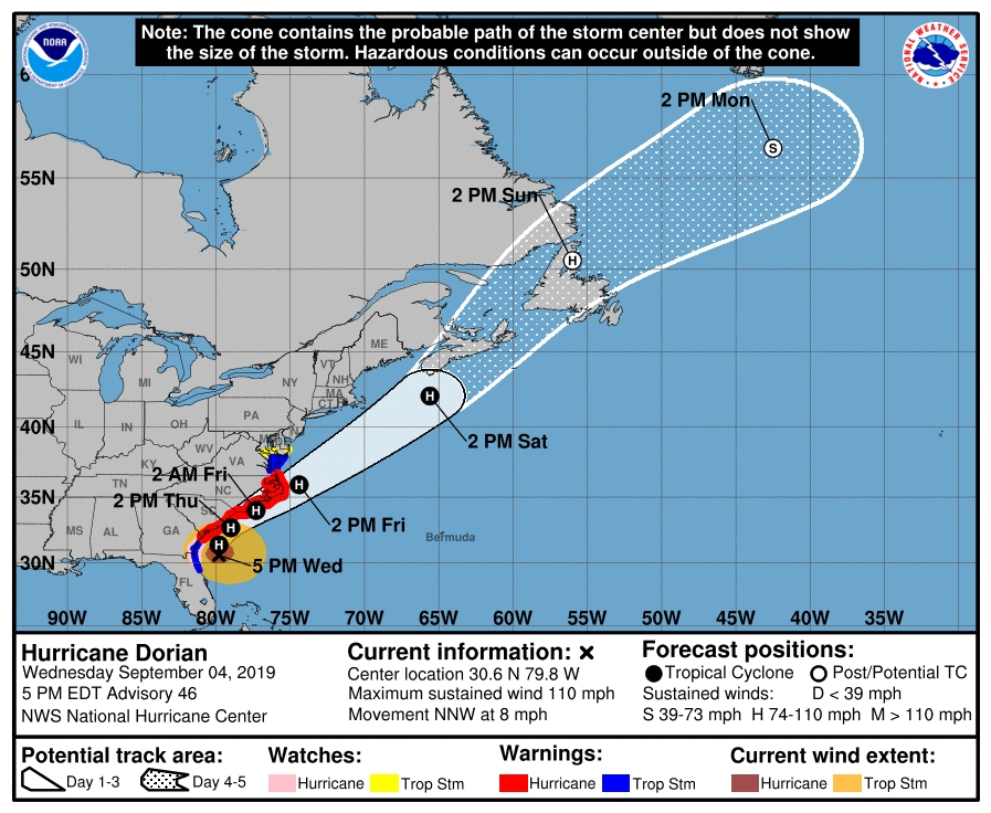 The southeast Virginia coast is under a tropical storm warning as Hurricane Dorian advances north.