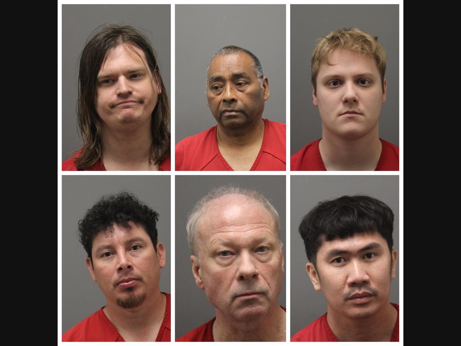 Clockwise from top left: George Washington, Julio Camajuare Cisneros, Kodee Michael Matz, Yotin Singtong, Rodney Stevens Martin and Miguel Angel Ibarra Parada were caught in an internet child sex sting.