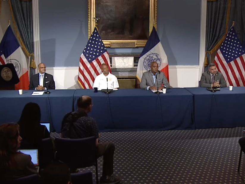 Mayor Eric Adams, NYPD Commissioner Edward Caban, Deputy Mayor Phil Banks and Education Commissioner David Banks briefed New York City on safety issues from City Hall on Sept. 1 