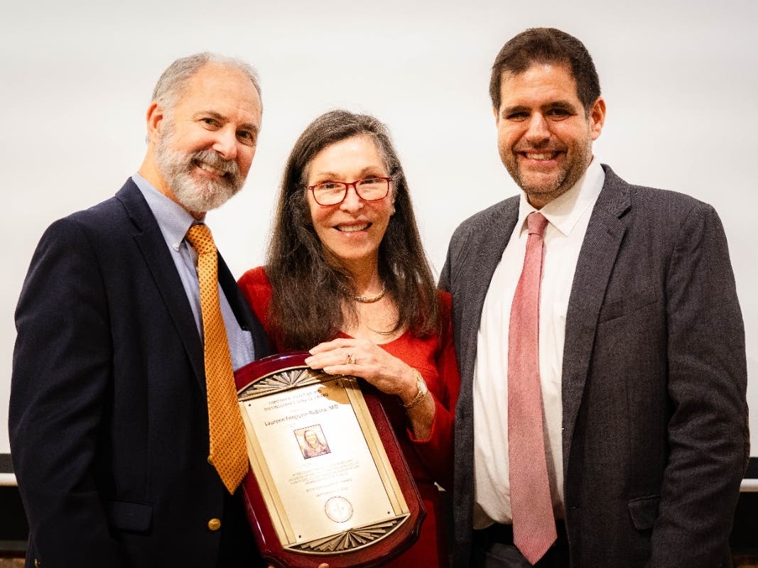 (L) Mark Thompson, Executive Director of the Hartford County Medical Association (HCMA) and Frank Santoro, MD, president of the board of directors of the HCMA, and Laureen Rubino, MD, receiving the Distinguished Service Award.  