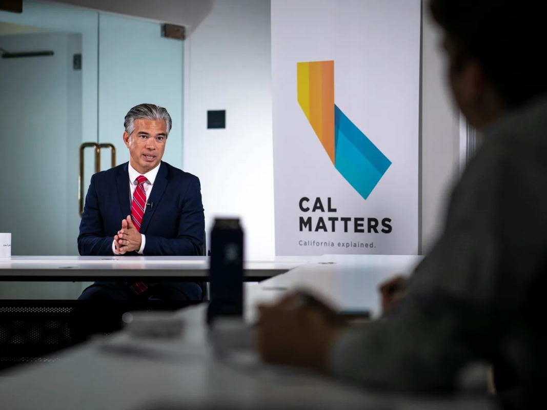 California Attorney General Rob Bonta is interviewed at the CalMatters offices on Oct. 11, 2022. 