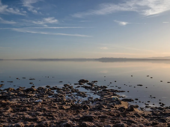 The Salton Sea on Feb. 4, 2023. With its water supply depleted by Imperial Valley farms, the salty lake is a major source of PM10 in the region. 