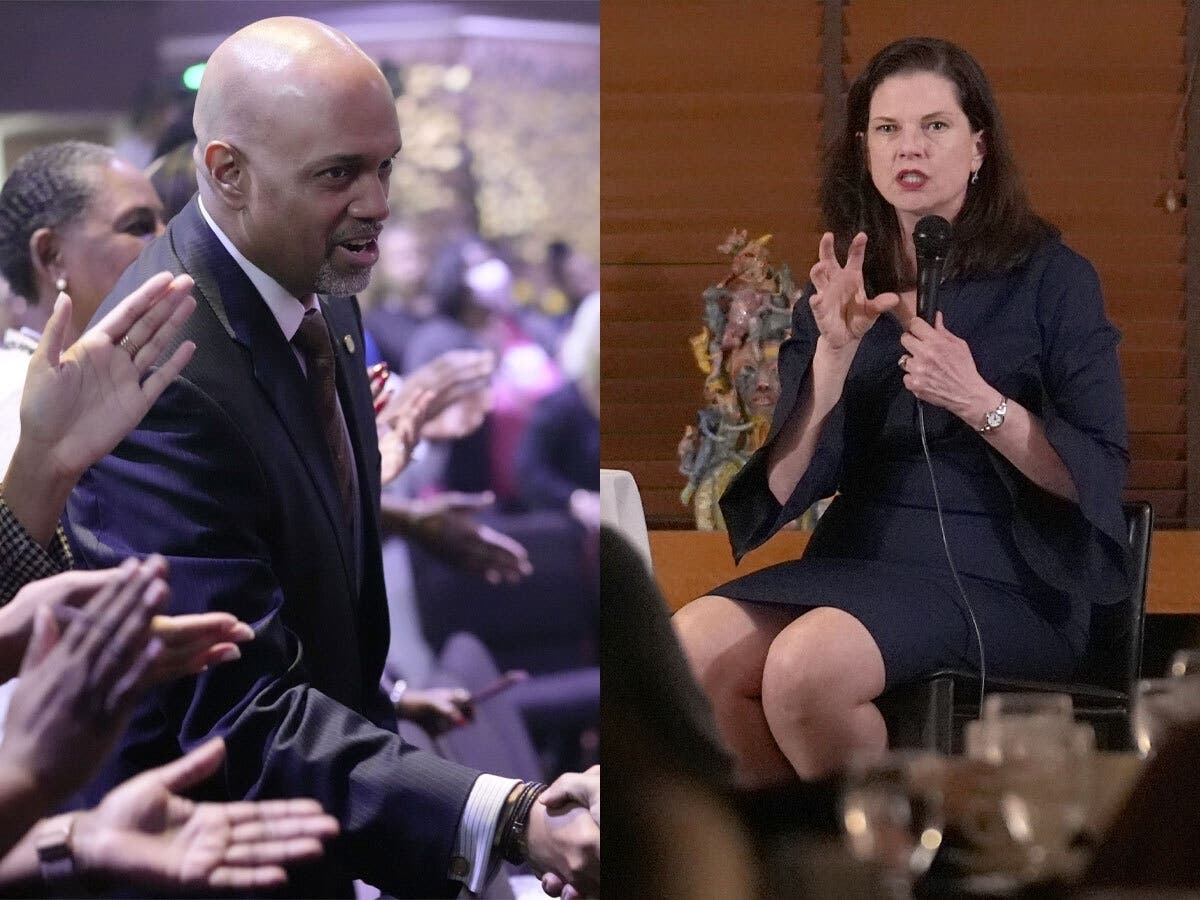 Eileen O'Neill Burke (right), a former appellate judge, responds to a question from a member of the Cliff Dwellers Club. Clayton Harris, candidate for Cook county state's attorney, greets church members at Fellowship Baptist.