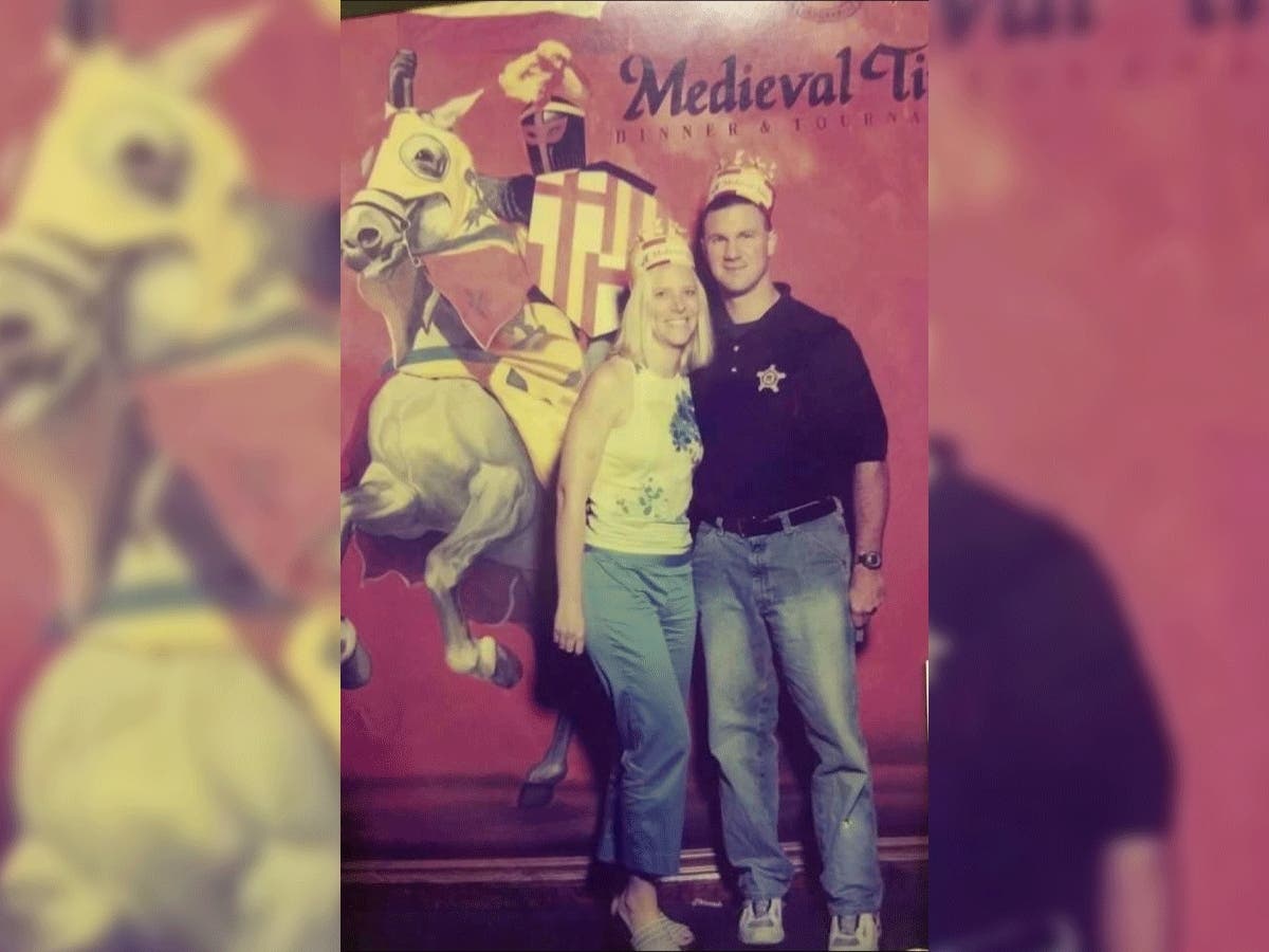 Rae Ann Cinquanto, left, saw her first Medieval Times show with her husband, right, in 2003. The couple is pictured above at that performance. Cinquanto has now worked for Medieval Times for 20 years, and her son was even a knight in the show.