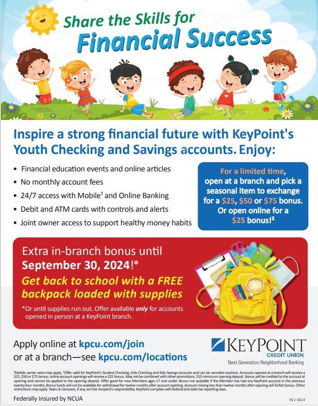 Inspire a strong financial future with KeyPoint's youth checking and savings accounts. 