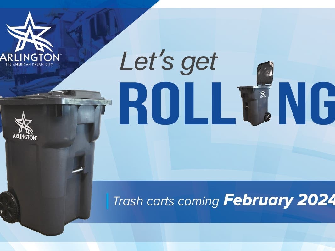 Image: City of Arlington gray trash cart with the phase Let's Get Rolling on a blue background.