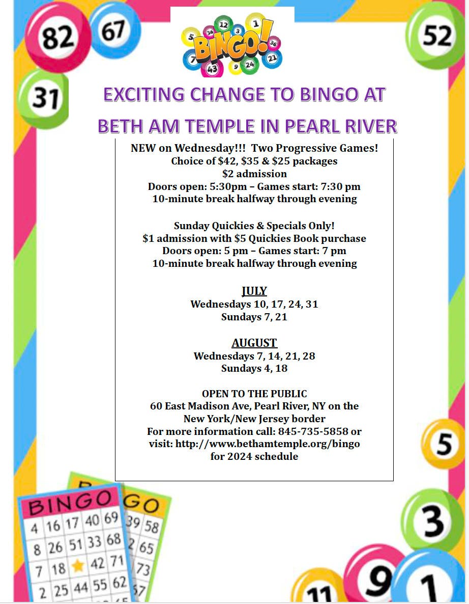 Second Progressive Game Wednesdays At Beth Am Temple Bingo