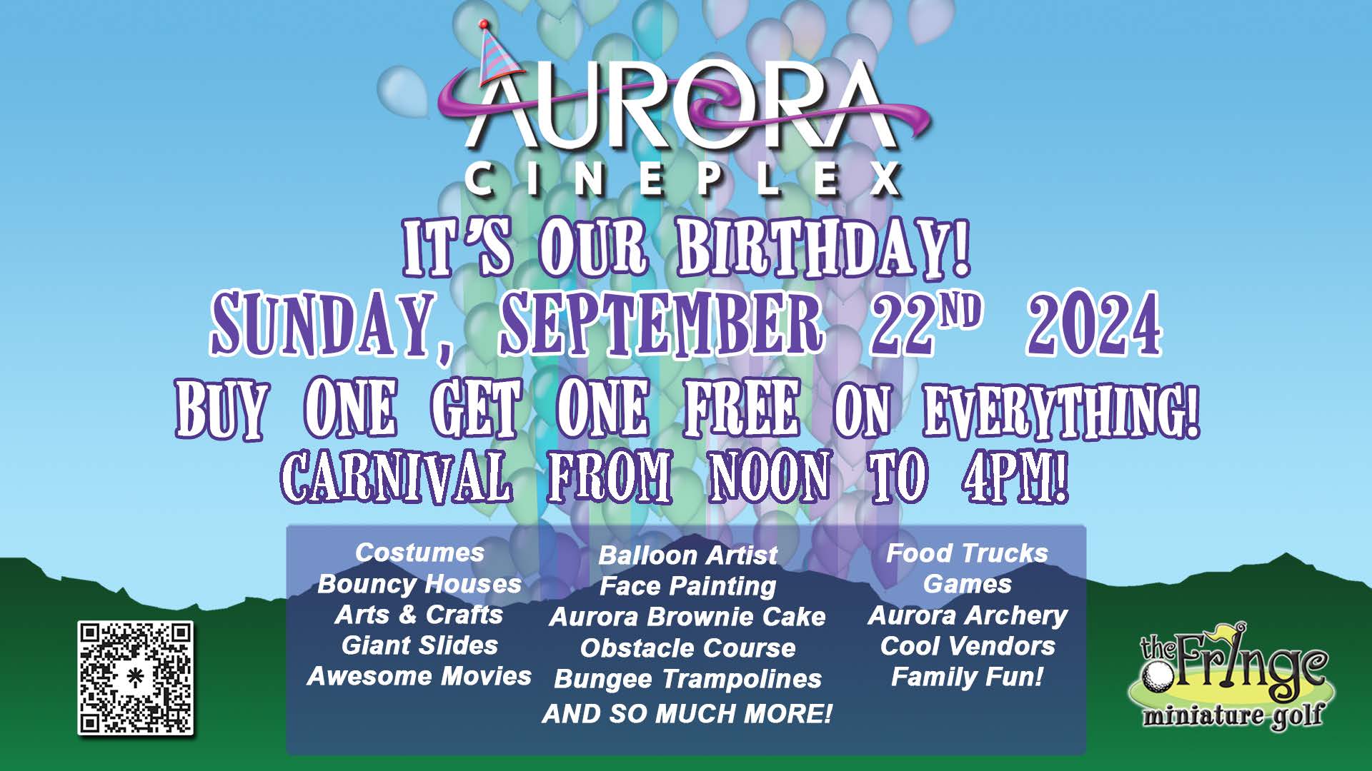 Aurora Cineplex's Birthday Bash--Free Carnival and BOGO Day --Sun Sept 22nd