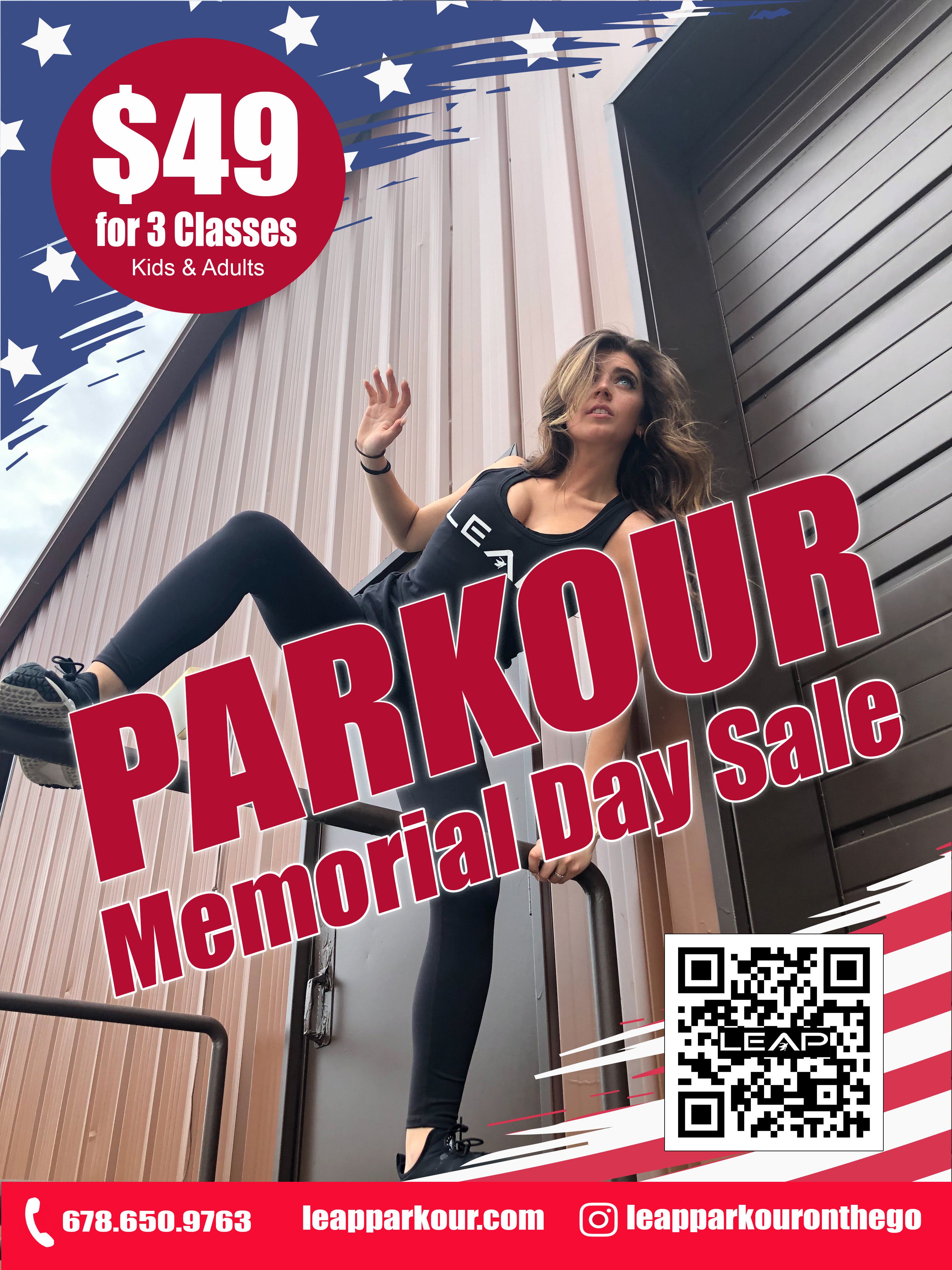 Memorial Day Sale! Kids & Adults Parkour Classes and Mobile Parties! 
