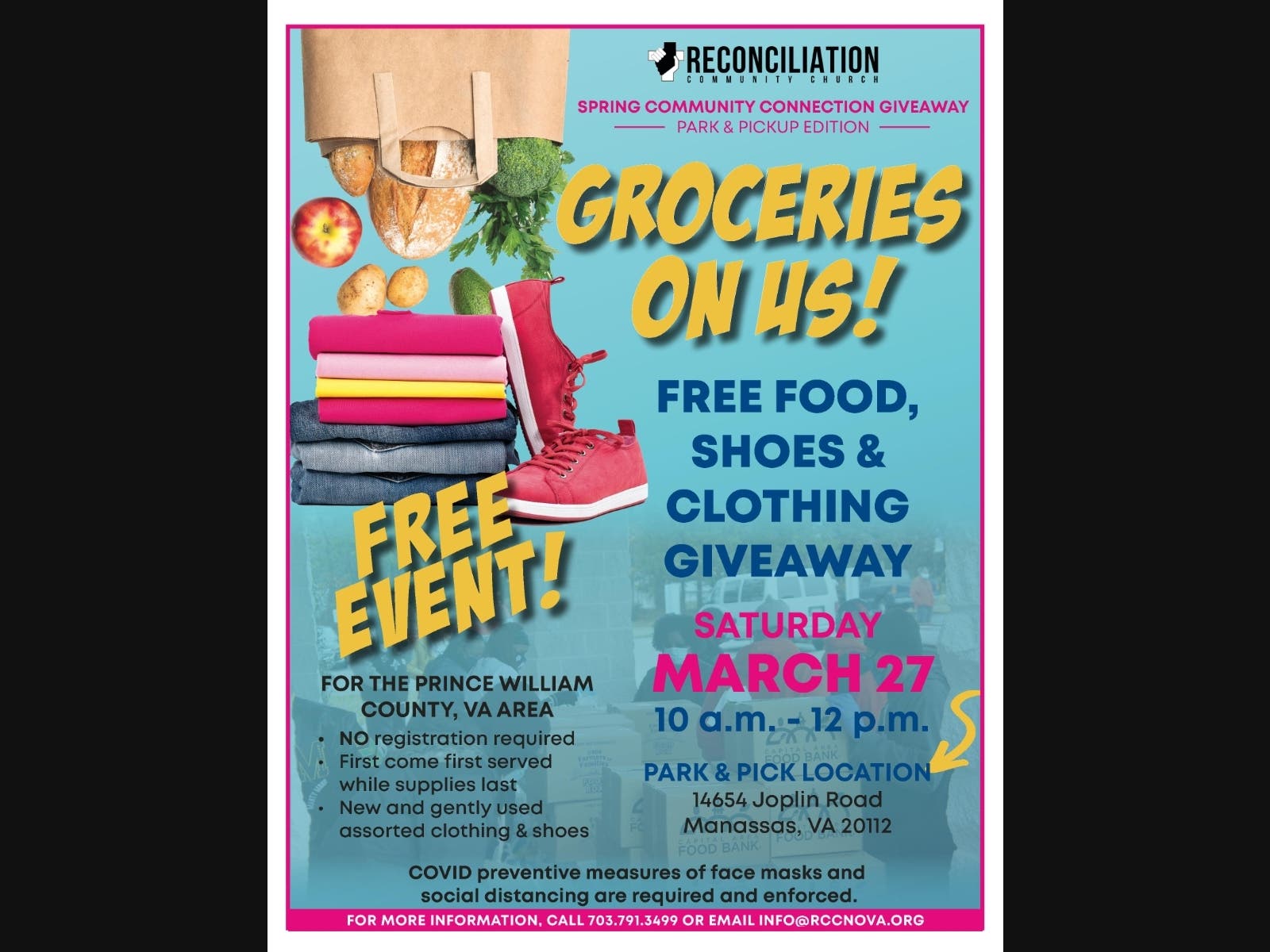 Free food, shoes & clothes giveaway. Pick Up & Park Edition