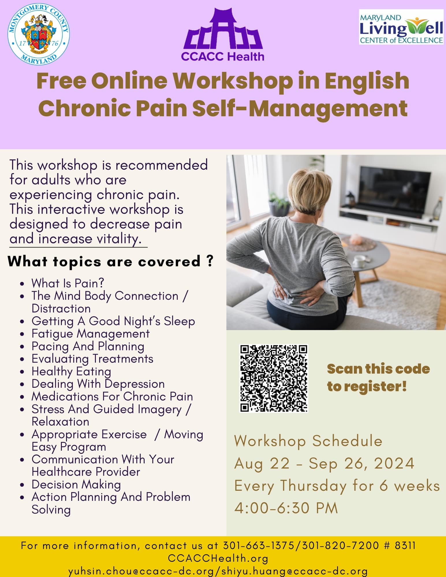 CCACC Health Center "Free Online Chronic Pain Self-Management Workshop" Starts on 8/22