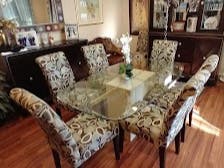 Marble and Glass Dining Table and 7 Upholstered Chairs