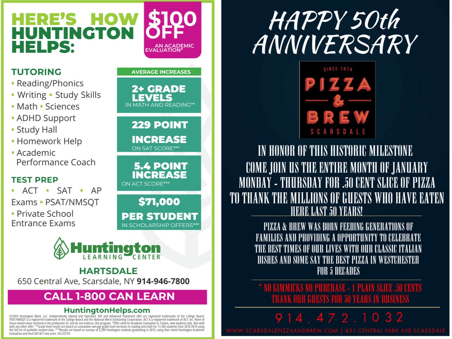 Pizza and Brew 50th year & Huntington Learning Center News 