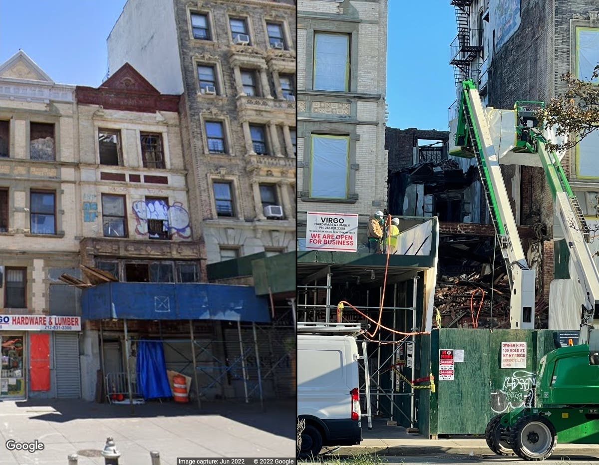 The city has torn down the three-story building at 186 Lenox Ave. (pictured at left in June, and at right after the demolition). It had stood since 1887 between West 119th and 120th streets.