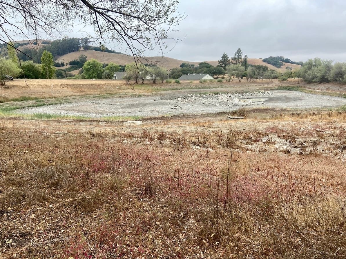 A pond at McEvoy Ranch in Petaluma, which typically held 9.7 million gallons, is show dried up in August 2021.