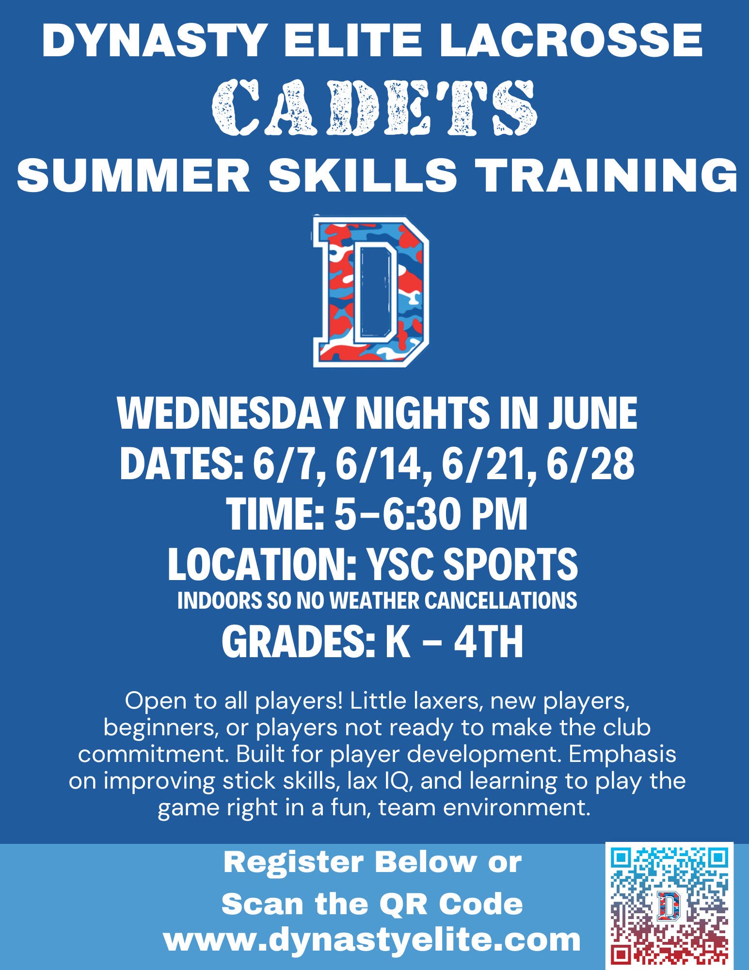 June Wednesday Night Girls Youth Lacrosse Training Ages K-4th grade 