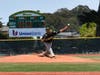 A Santa Cruz Seaweed pitcher during a game last month in Monterey, against rival team Monterey Amberjacks.