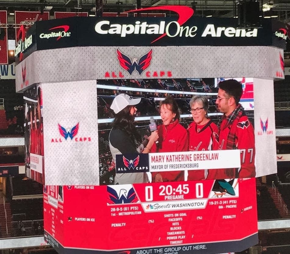 Interview with Fredericksburg Mayor Katherine Greenlaw is shown on Jumbotron at the Jan. 5 Capitals game.