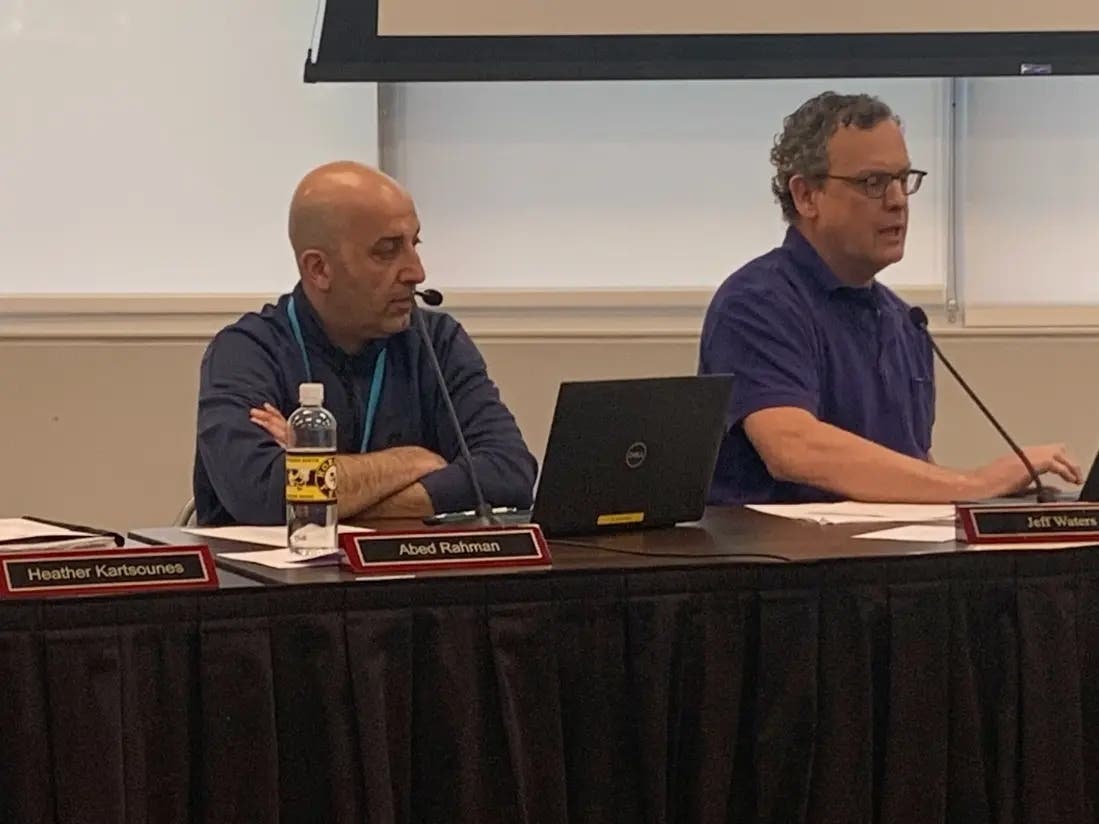 Jeff Waters (right), a Hinsdale High School District 86 board member, on Thursday pushed for a decision on off-campus lunch at Hinsdale South. Next to him is member Abed Rahman. 