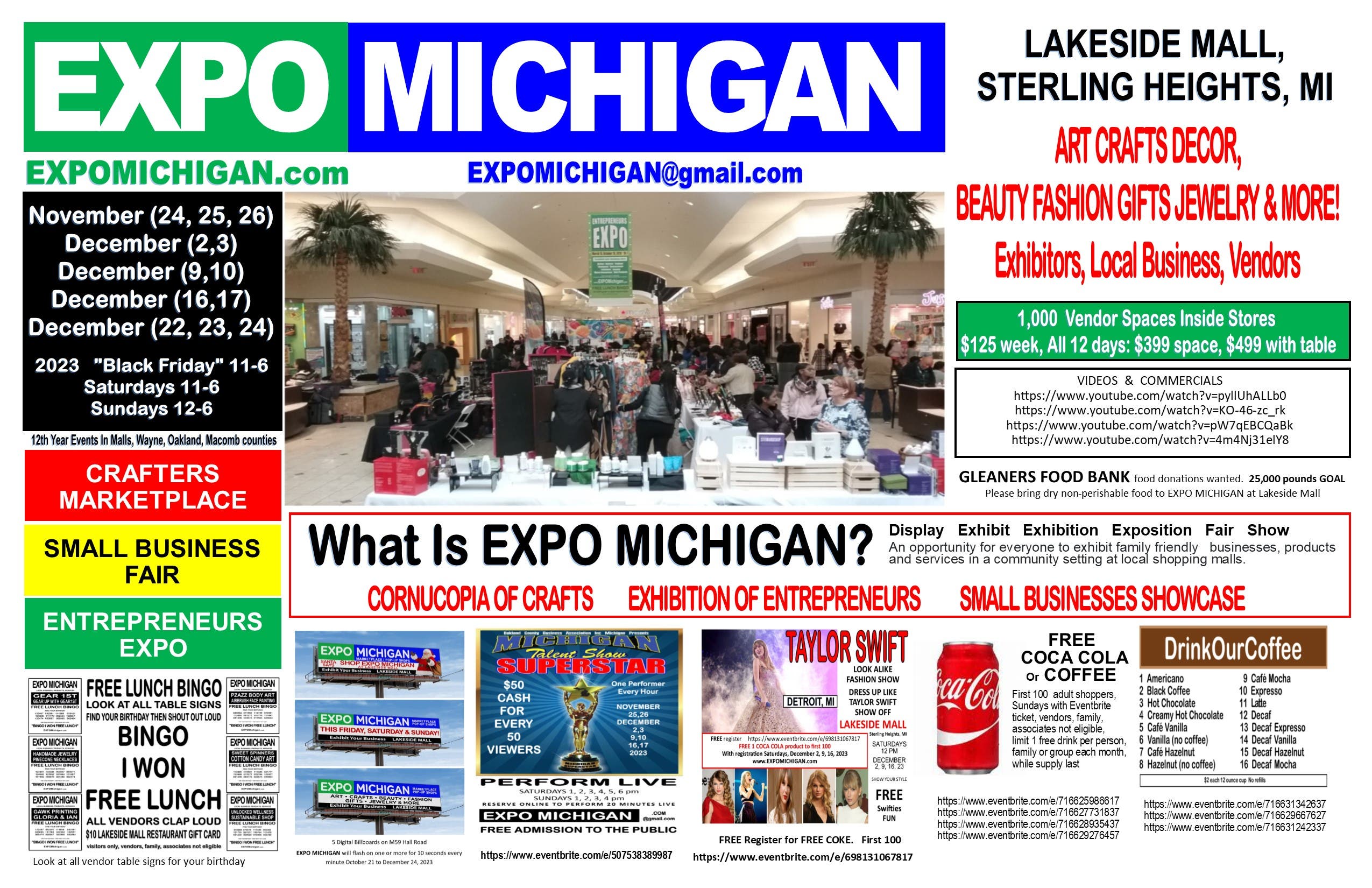 $75 day vendors EXPO MICHIGAN at Lakeside Vendors Mall, exhibit your business, products, services