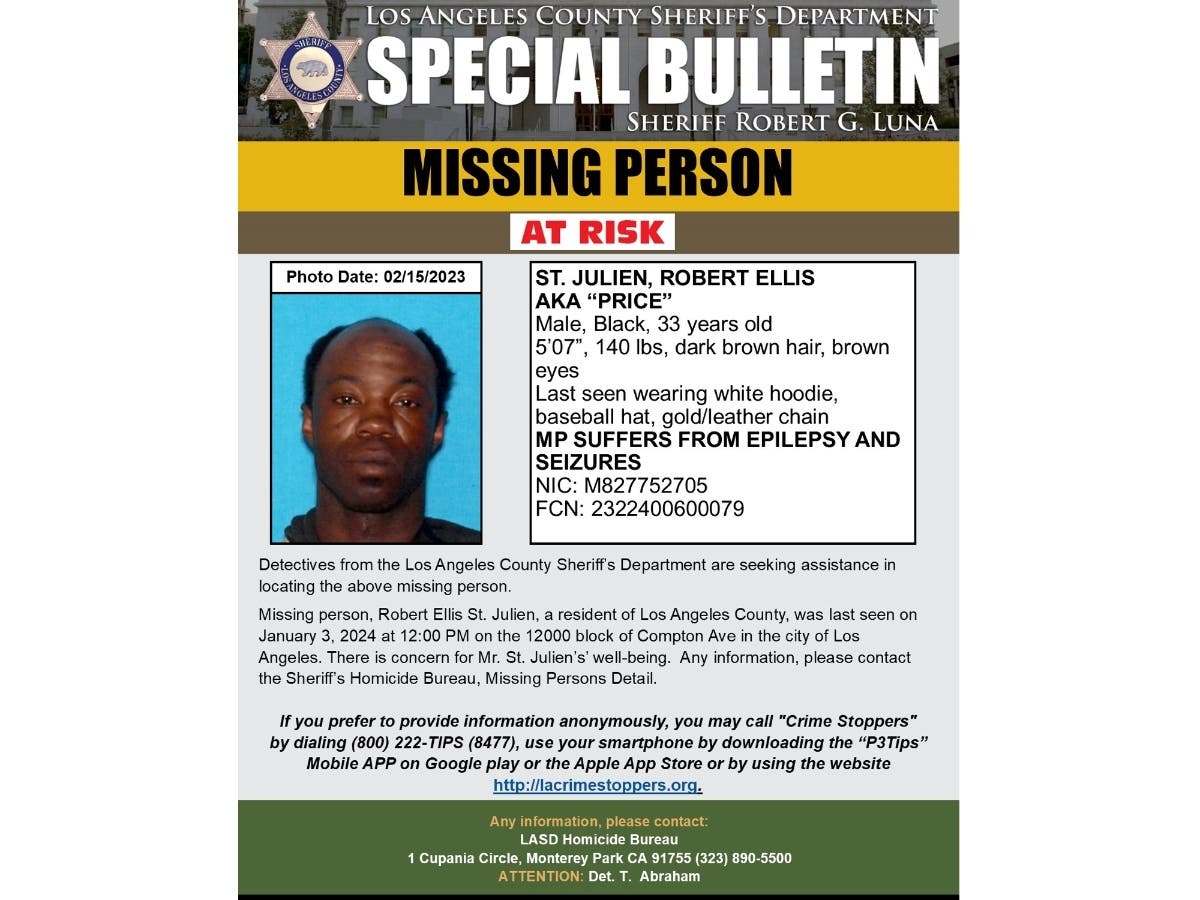 MISSING: Robert Ellis "Price" St. Julien was last seen about noon Wednesday in the 12000 block of Compton Avenue, according to the Los Angeles County Sheriff's Department.