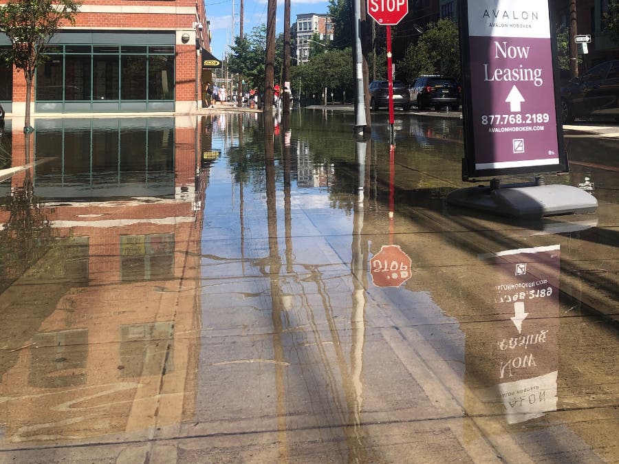 NOW LEASING: Outside a Hoboken apartment building after Tropical Depression Ida, 2021.