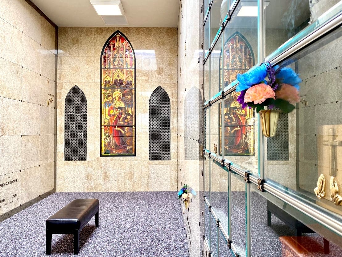 Our prayerful and sacred mausoleum glass cremation niches and marble crypts provide the perfect environment to remember and celebrate the life of your loved ones. Financing available.