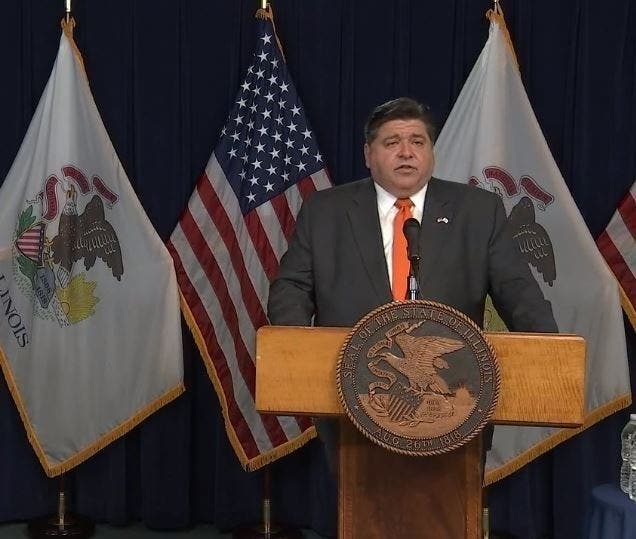 Gov. J.B. Pritzker delivers a coronavirus briefing Wednesday at the Thompson Center in Chicago.