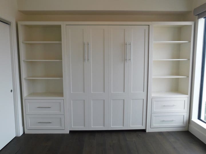 Shaker Murphy Wall Bed with Hidden Leg and Side Pier Cabinets