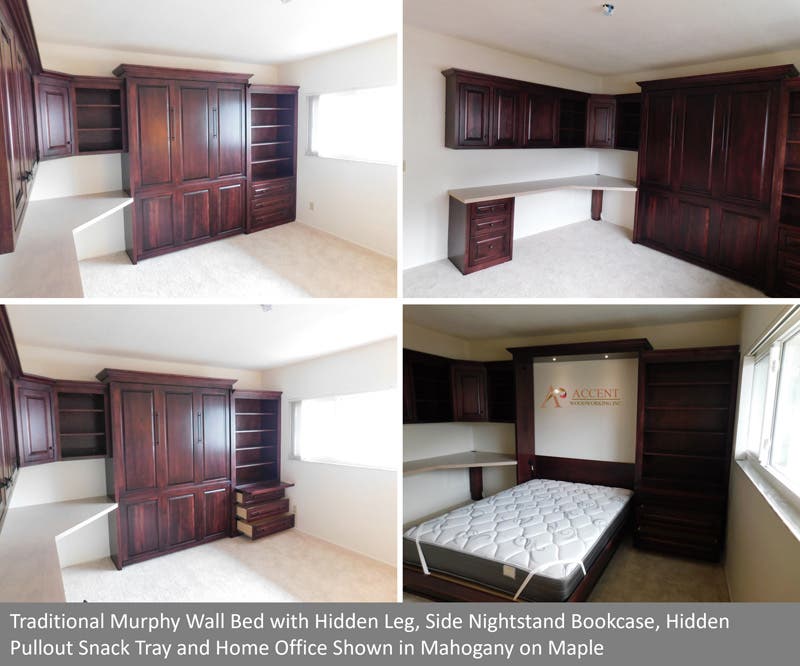 Traditional Murphy Wall Bed with Hidden Leg, Side Nightstand Bookcase and Home Office