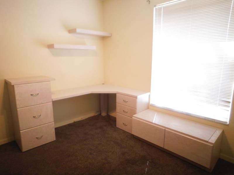 Custom Corner Desk with Cabinets, Floating Shelves, Window Bench Seat