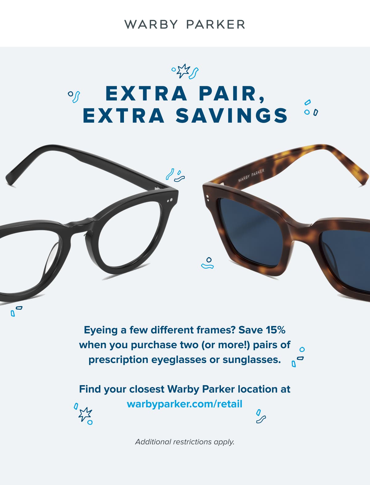 Tax free week at Warby Parker! No tax on prescription glasses and sunglasses.  Plus enjoy 15% off 2