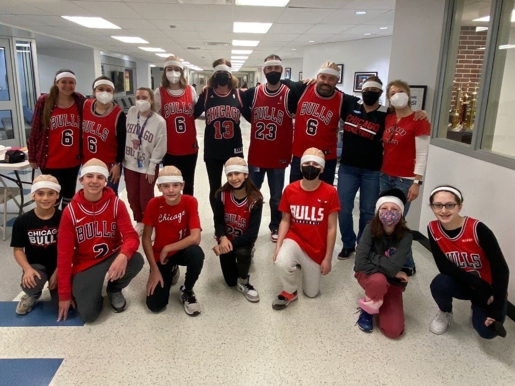 Students and others at Charles J. Caruso Middle School wear their Alex Caruso gear Wednesday during the school day. 