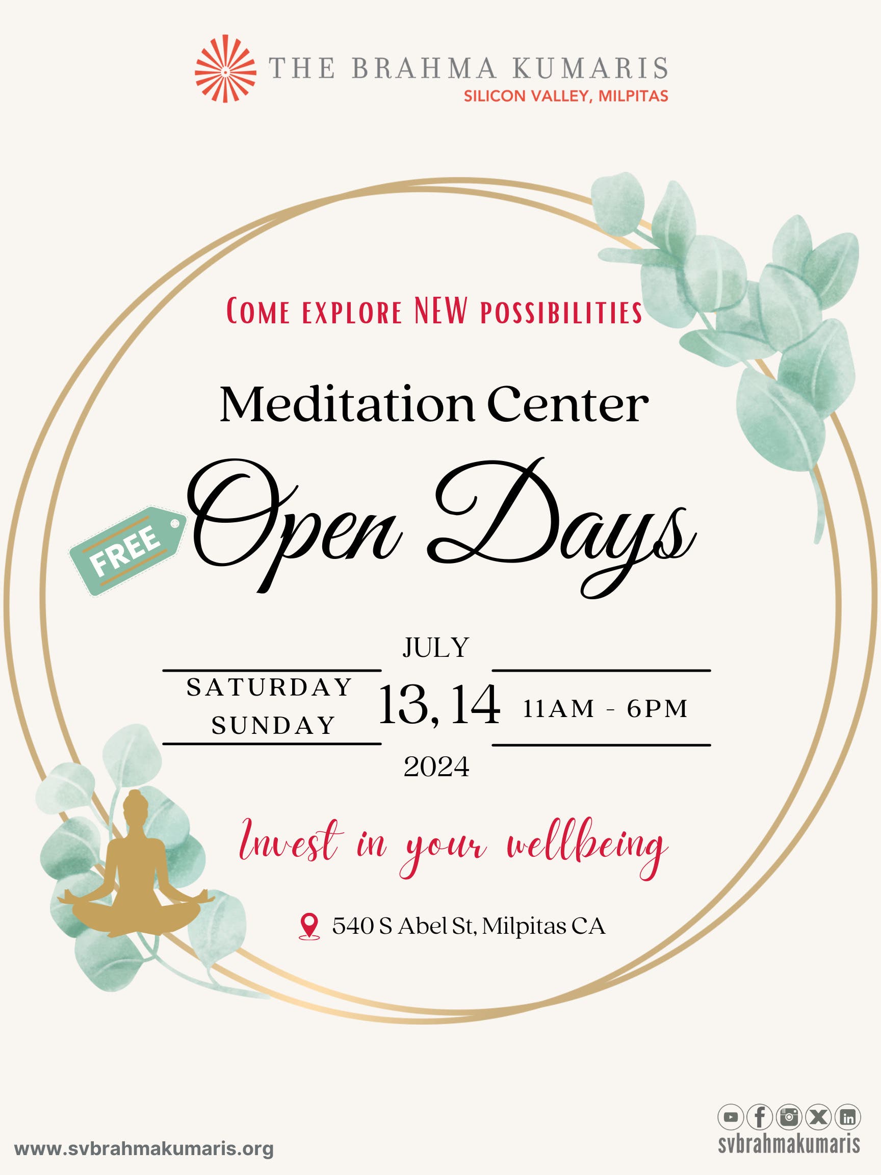 "Invest in your wellbeing: Open house event" at BK Meditation Center