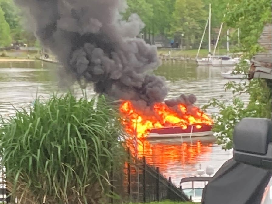 The Woodland Beach Volunteer Fire Department announced that a boat caught on fire and sank Friday morning in Edgewater. Medics took two patients to a hospital as a precaution, officials said. The blaze on Whitemarsh Creek is pictured above. 