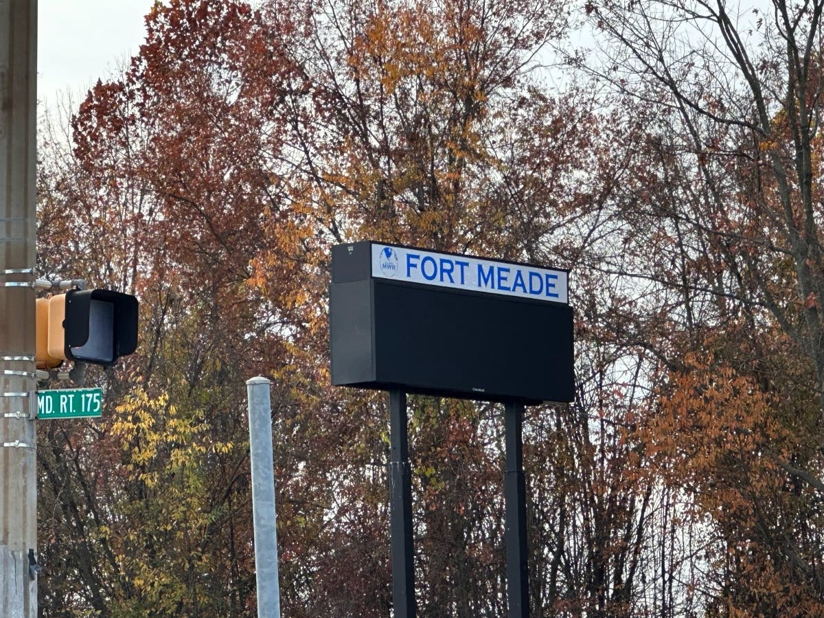 The United States Army said an unidentified soldier was found dead Wednesday in the Freedom Barracks at Fort George G. Meade in Odenton. A Fort Meade sign is pictured above.